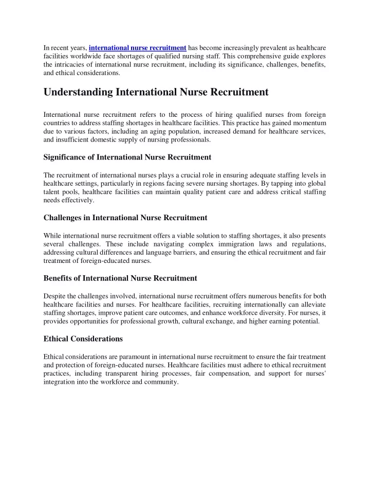 in recent years international nurse recruitment
