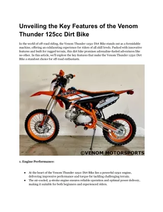 Unveiling the Key Features of the Venom Thunder 125cc Dirt Bike