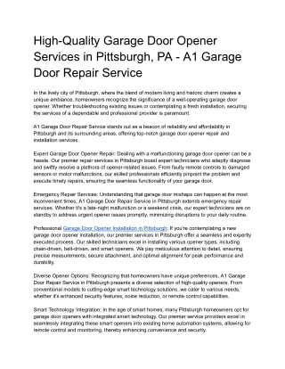 High-Quality Garage Door Opener Services in Pittsburgh, PA - A1 Garage Door Repair Service