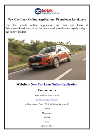 New Car Loan Online Application  Primeloans.kotak.com