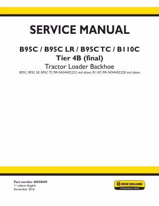 New Holland B110C Two-Wheel Drive (2WD) Tier 4B (Final) Tractor Loader Backohe Service Repair Manual