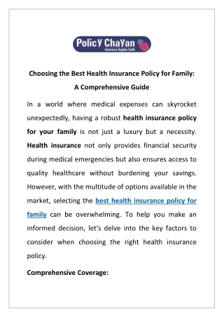 Choosing the Best Health Insurance Policy for Family: A Comprehensive Guide