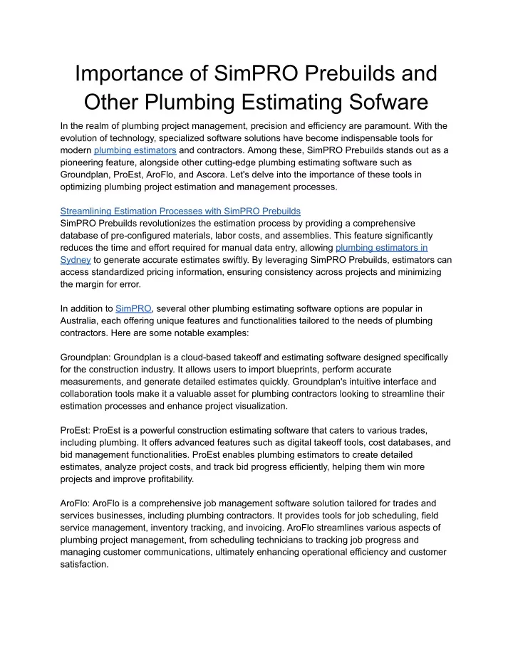 importance of simpro prebuilds and other plumbing