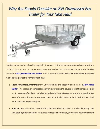 Why You Should Consider an 8x5 Galvanised Box Trailer for Your Next Haul