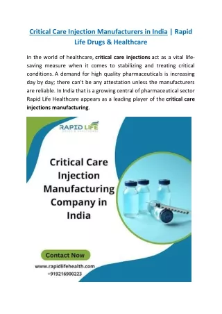 Critical Care Injection Manufacturers in India | Rapid Life Drugs & Healthcare
