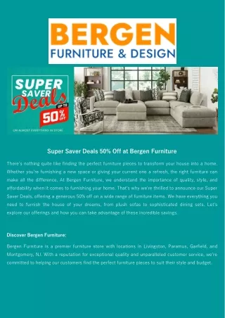 Super Saver Deals 50% Off at Bergen Furniture