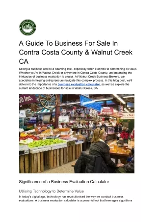 A Guide To Business For Sale In Contra Costa County & Walnut Creek CA