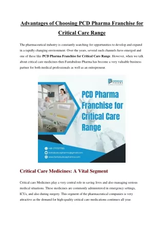 Advantages of Choosing PCD Pharma Franchise for Critical Care Range