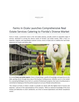 Farms in Ocala Launches Comprehensive Real Estate Services Catering to Florida's Diverse Market