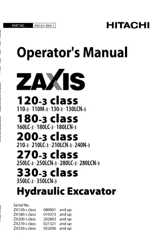 Hitachi 330-3 Class Hydraulic Excavator operator’s manual SN052046 and up