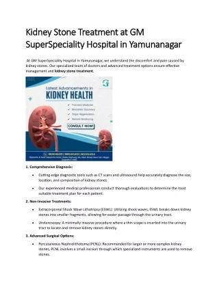 Kidney Stone Treatment at GM SuperSpeciality Hospital in Yamunanagar