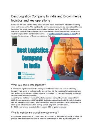 Best Logistics Company In India and E-commerce logistics and key operations