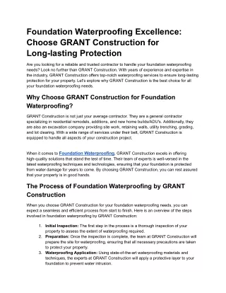 Foundation Waterproofing Excellence_ Choose GRANT Construction for Long-lasting Protection