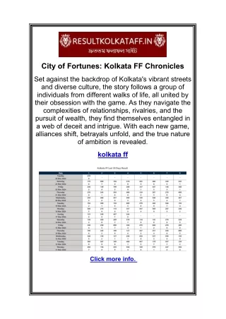 City of Fortunes: Kolkata FF Chronicles