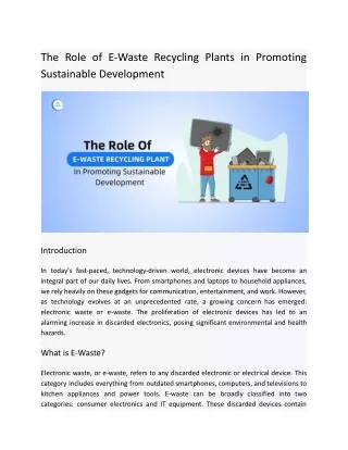 The Role of E-Waste Recycling Plants in Promoting Sustainable Development