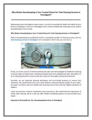 Why Akshar Housekeeping is Your Trusted Choice for Tank Cleaning Services in Chandigarh