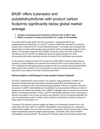 BASF offers butanediol and polytetrahydrofuran with product carbon footprints significantly below global market average