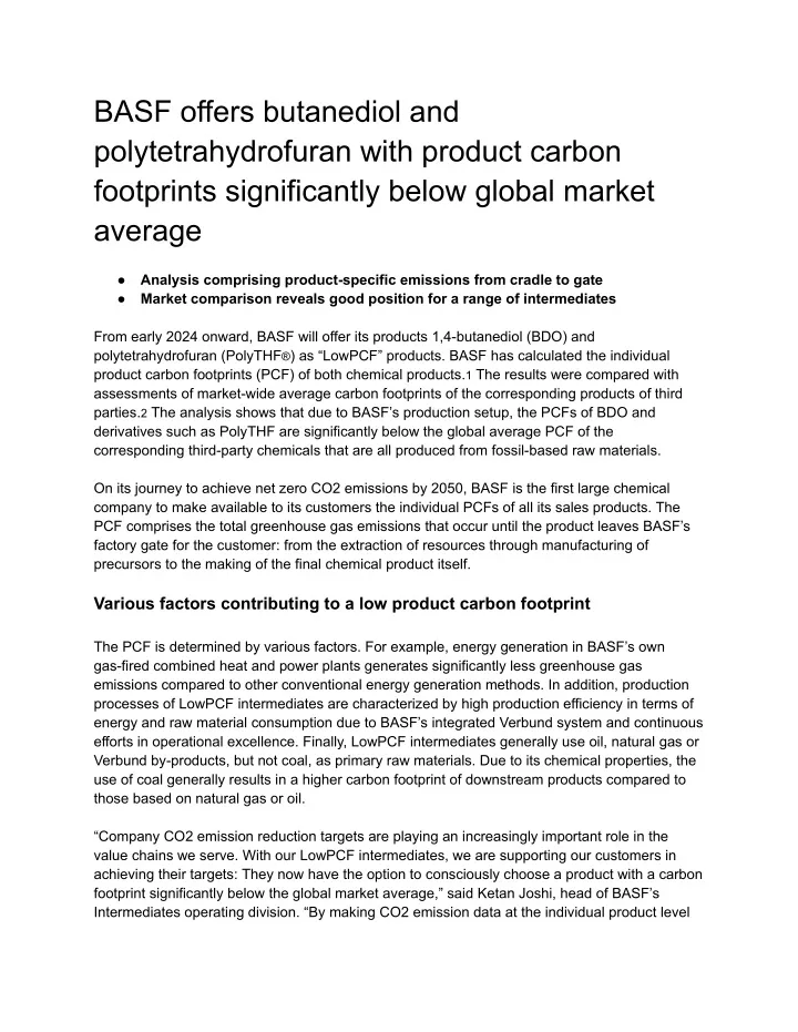 basf offers butanediol and polytetrahydrofuran