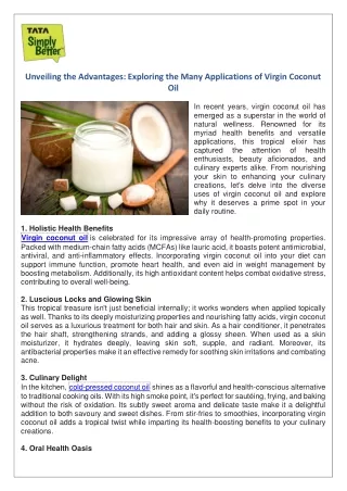 Unveiling the Advantages Exploring the Many Applications of Virgin Coconut Oil