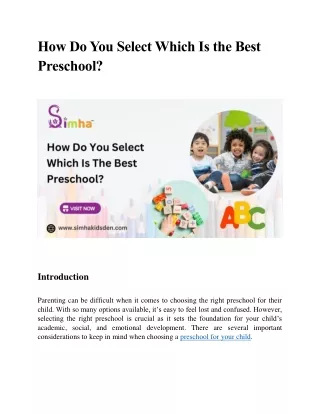 How Do You Select Which Is the Best Preschool
