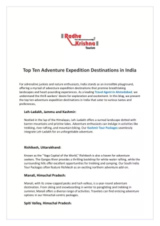 Top Ten Adventure Expedition Destinations in India