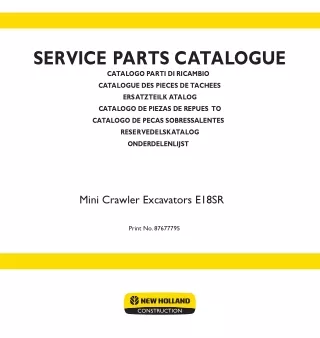 New Holland E18SR Mini Crawler Excavator Parts Catalogue Manual