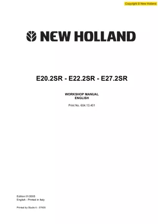 New Holland E22.2SR Hydraulic Excavator Service Repair Manual