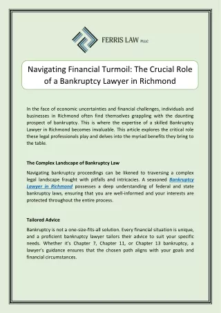 Navigating Financial Turmoil: The Crucial Role of a Bankruptcy Lawyer in Richmon