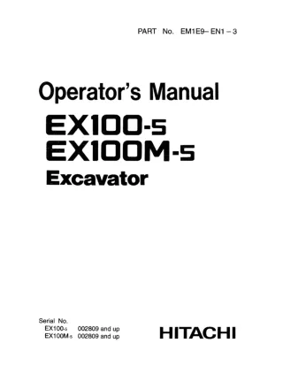 Hitachi EX100-5 Excavator operator’s manual SN002809 and up