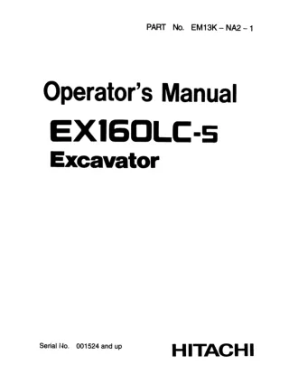 Hitachi EX160LC-5 Excavator Operation Manual SN001524 and up