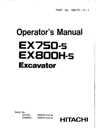 Hitachi EX750-5 Excavator operator’s manual Serial No. 005244 and up