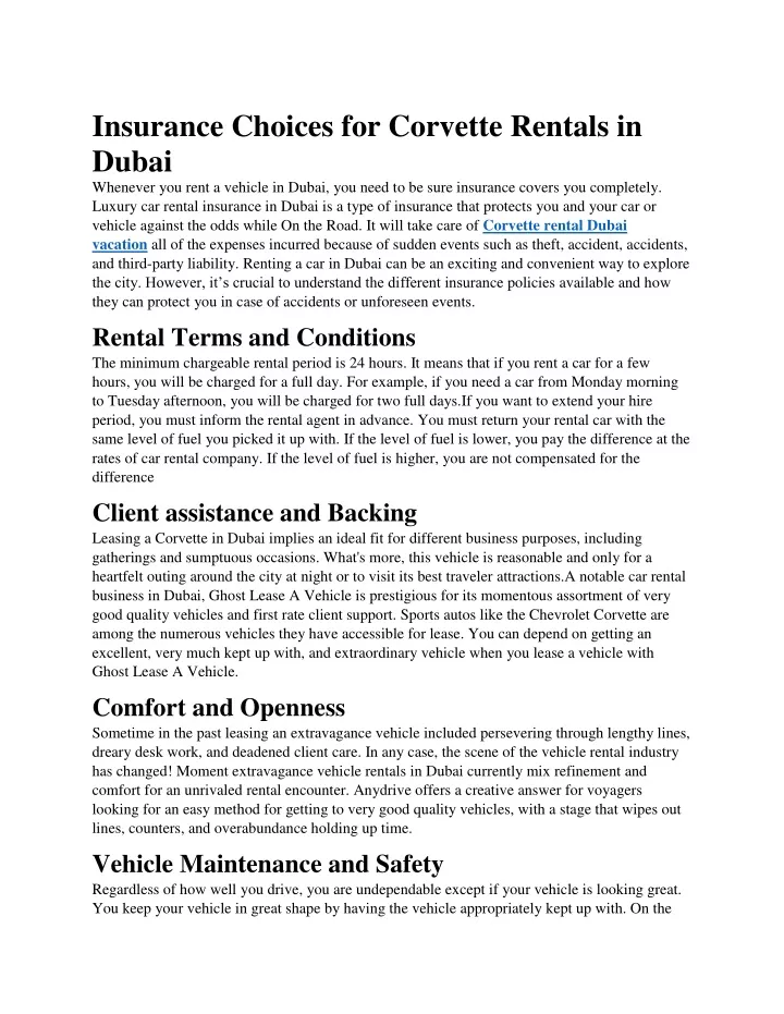 insurance choices for corvette rentals in dubai