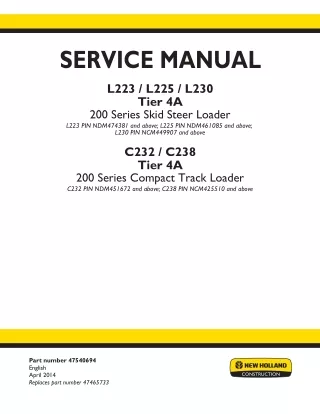 New Holland L223 TIER 4 Skid Steer Loader Service Repair Manual [NDM474381 - ]