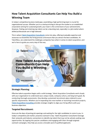 How Talent Acquisition Consultants Can Help You Build a Winning Team