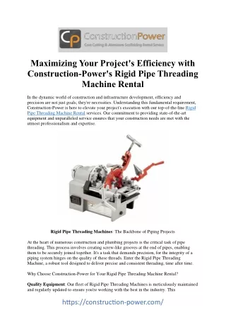 Streamline Your Projects: Rigid Pipe Threading Machine Rental