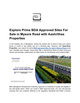 Explore Prime BDA Approved Sites For Sale in Mysore Road with Aashrithaa Properties