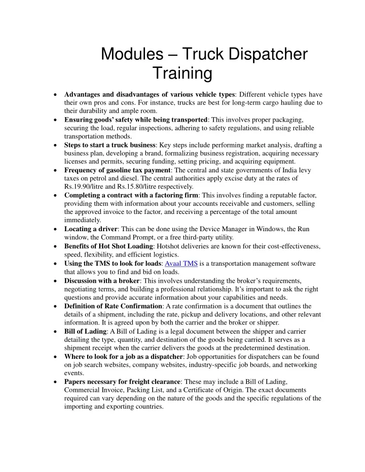 modules truck dispatcher training