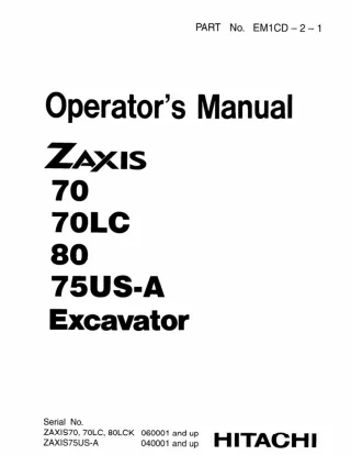 Hitachi ZAXIS 70 Excavator operator’s manual SN060001 and up