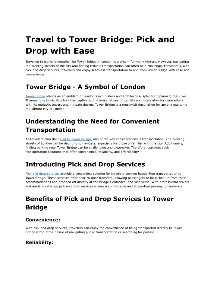 travel to tower bridge pick and drop with ease