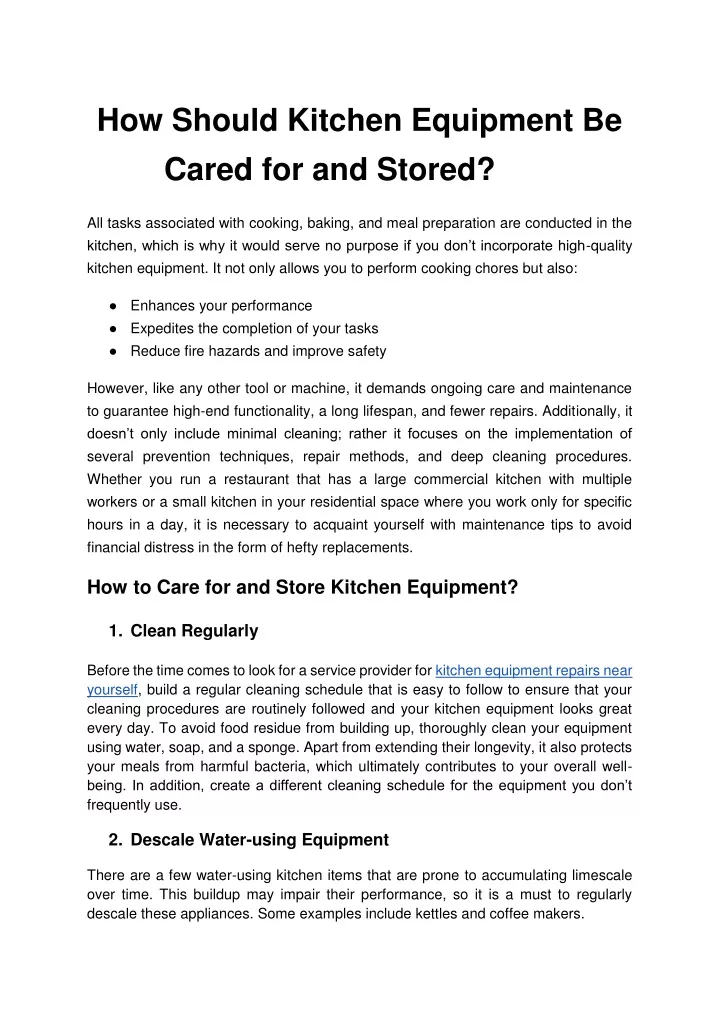 how should kitchen equipment be cared