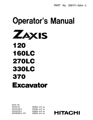 Hitachi Zaxis 160LC Excavator operator’s manual SN 005060 and up