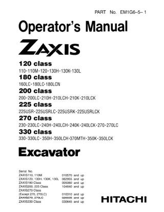 Hitachi Zaxis 180 Class Excavator operator’s manual SN 005060 and up