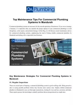 Top Maintenance Tips For Commercial Plumbing Systems In Mandurah