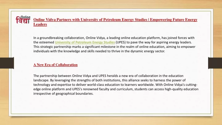 online vidya partners with university