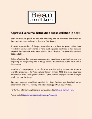 Approved Sanremo distribution and installation in Kent - Bean Smitten
