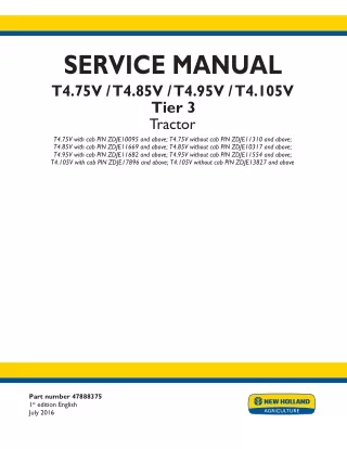 New Holland T4.105V with cab Tier 3 Tractor Service Repair Manual PIN ZDJE17896 and above