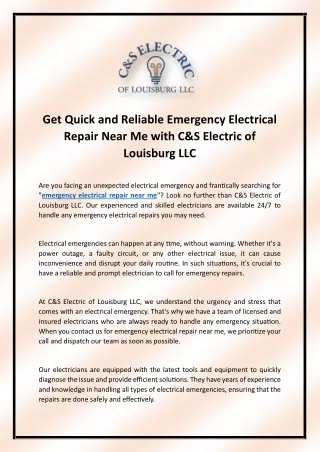 Get Quick and Reliable Emergency Electrical Repair Near Me with C&S Electric of Louisburg LLC