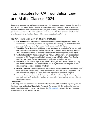 Top Institutes for CA Foundation Law and Maths Classes 2024