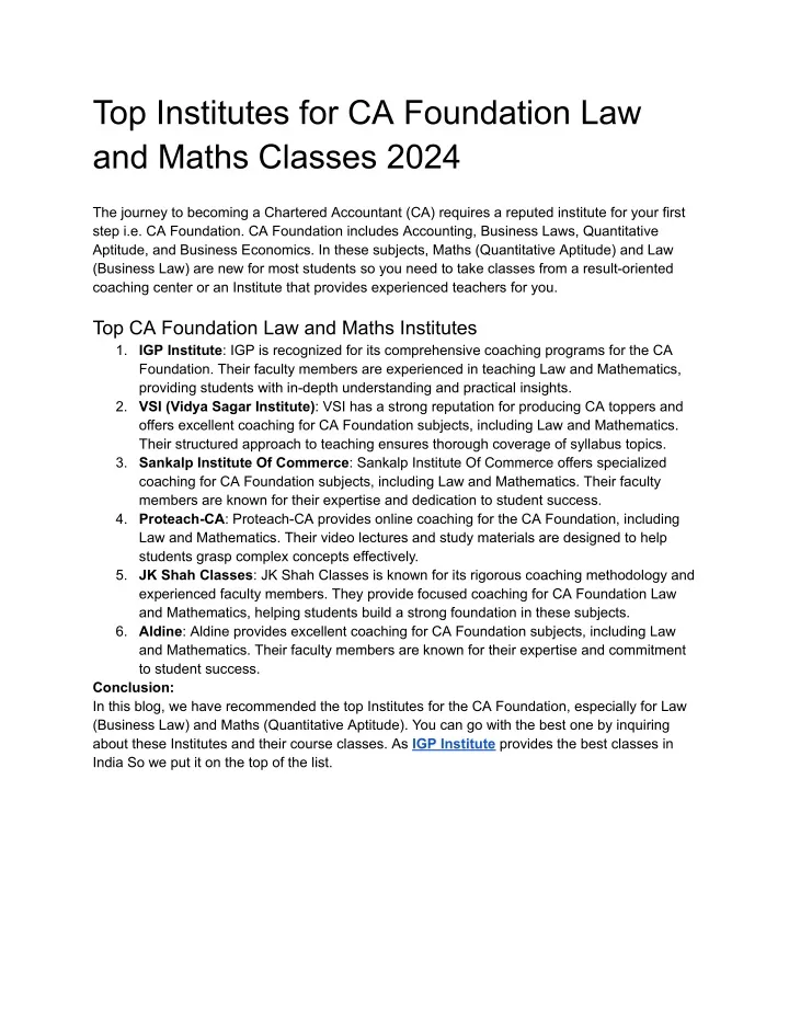 top institutes for ca foundation law and maths