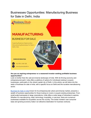 Businesses Opportunities: Manufacturing Business for Sale in Delhi, India